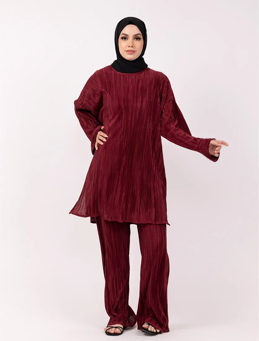 Maroon Midi Plisse Co Ord